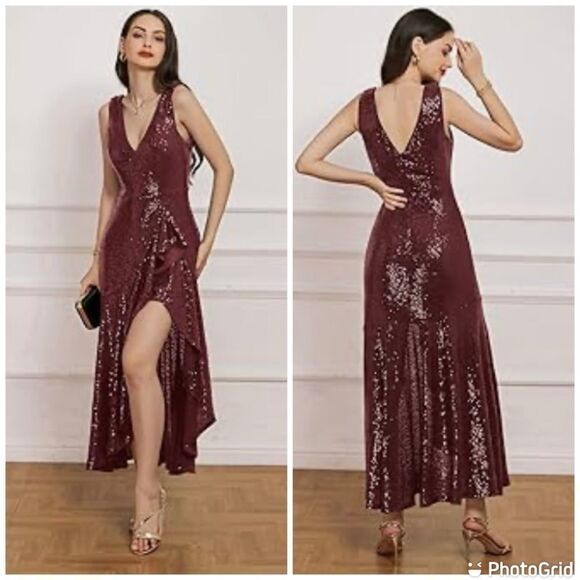 GRACE KARIN Sequin Sleeveless Kakatil High Low Hem Wedding Party Ruffle Maxi - Picture 1 of 13